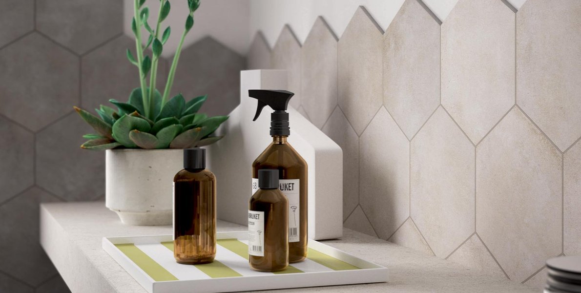 Ideas para el revestimiento del baño: azulejos hexagonales